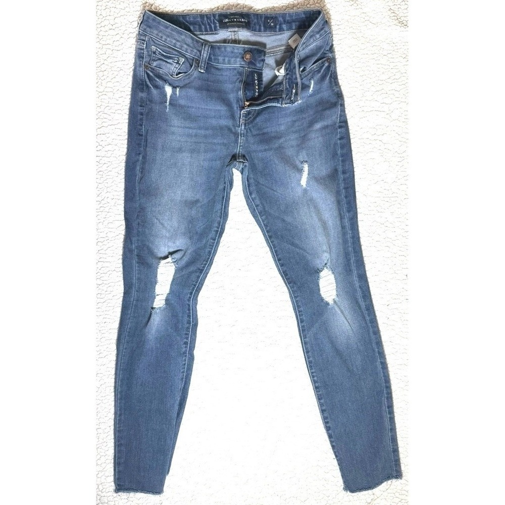 Lucky Brand Uni Fit Skinny Jeans Womens 6 28 Blue Distressed Raw Hem Denim